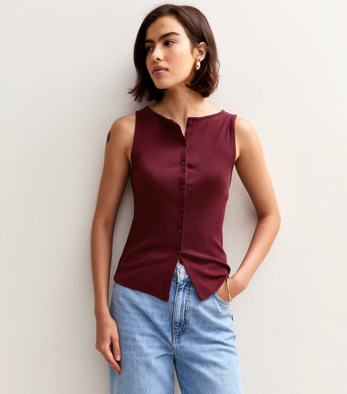 New Look Women's Burgundy Ribbed Button Front Tank Top New Look