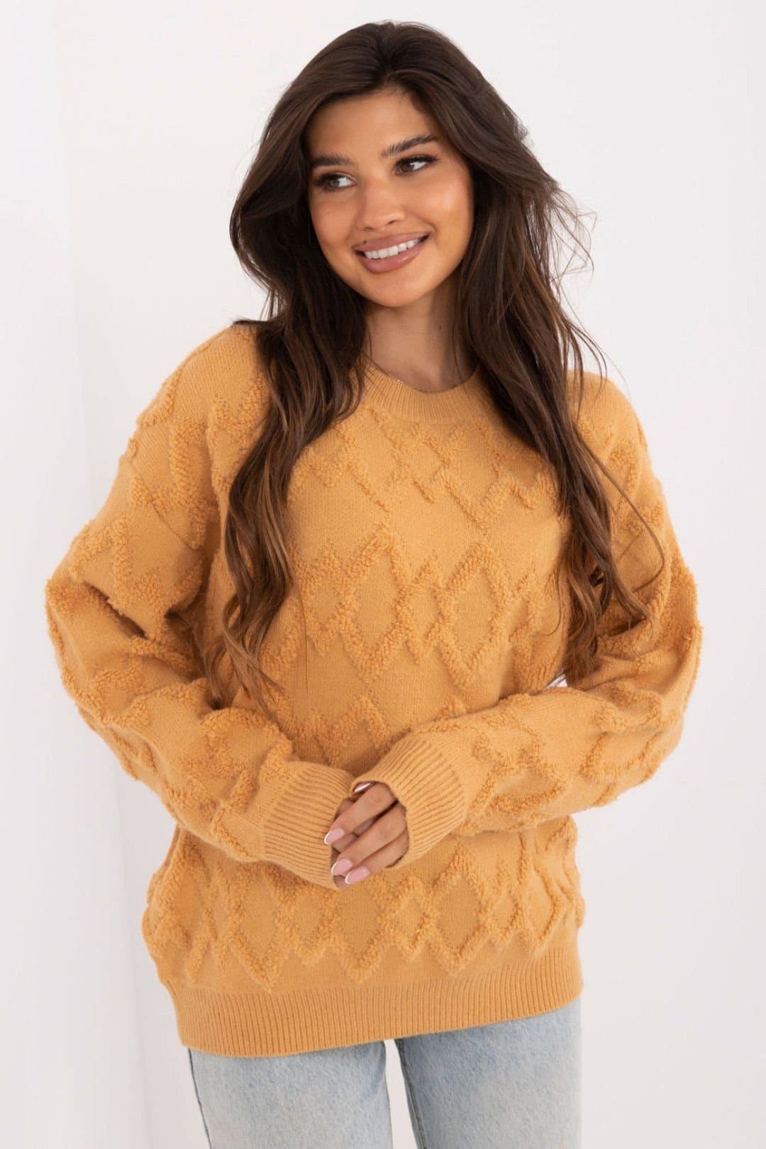 Love Lace Love Lace Women's Textured Knit Round Neck Casual Sweater Style 199428 in Mustard