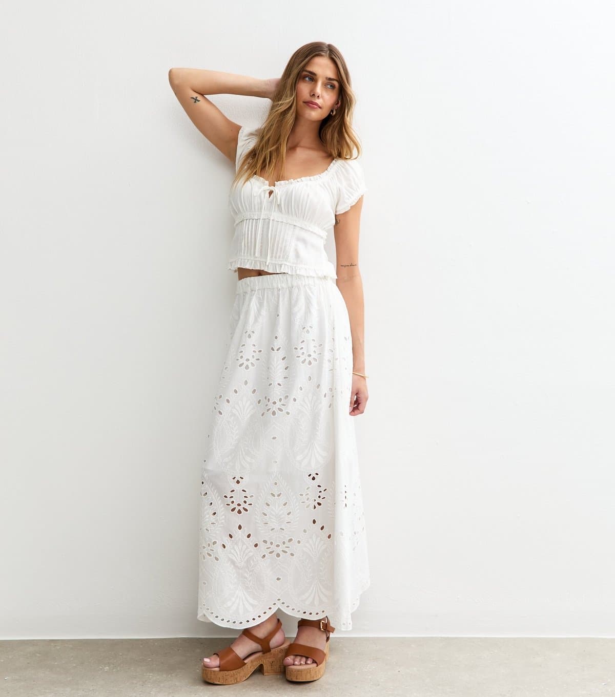 New Look Women's White Embroidered Midi Skirt New Look