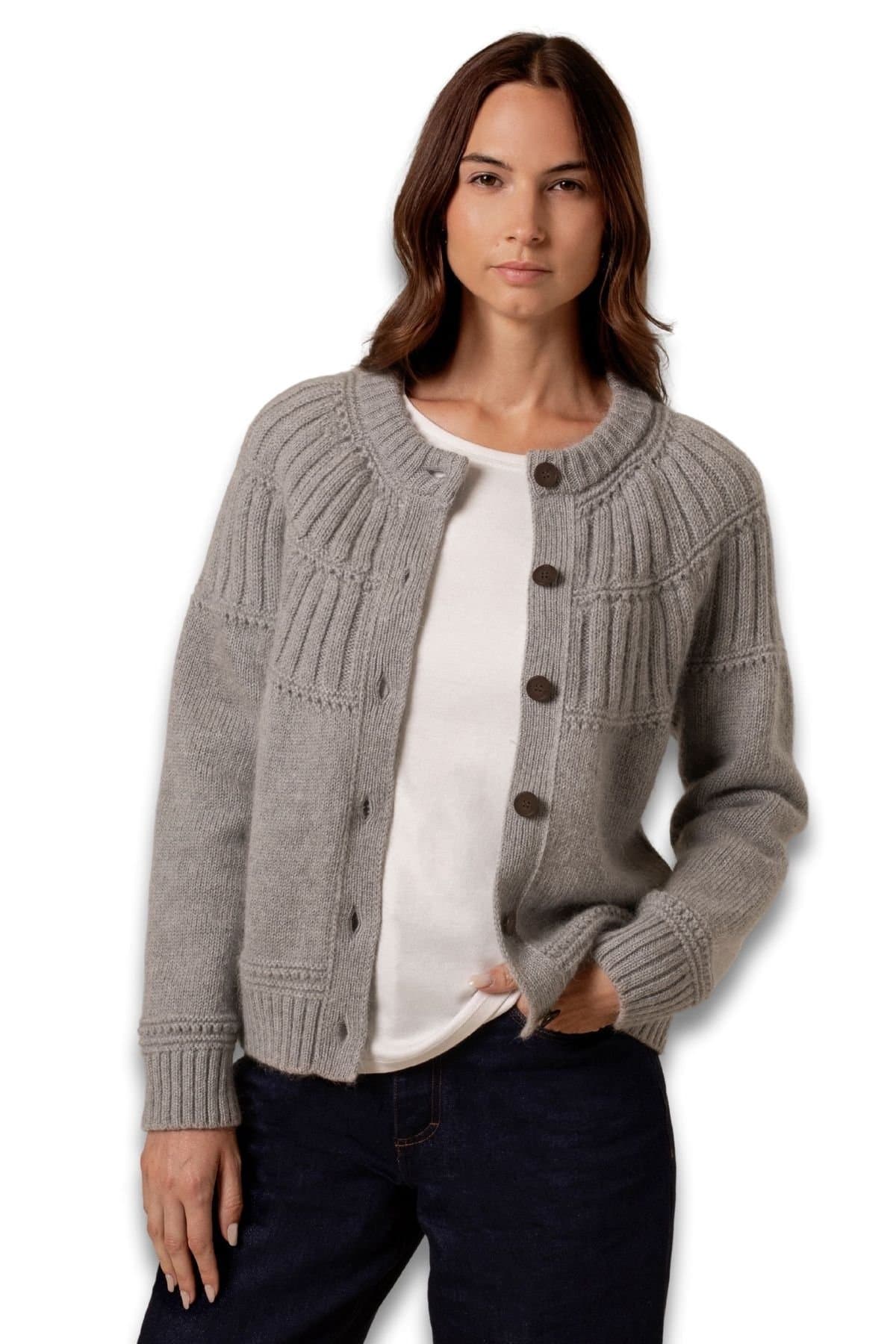 Celtic & Co Celtic & Co Women's Lofty Textured Crew Neck Cardigan in Light Grey