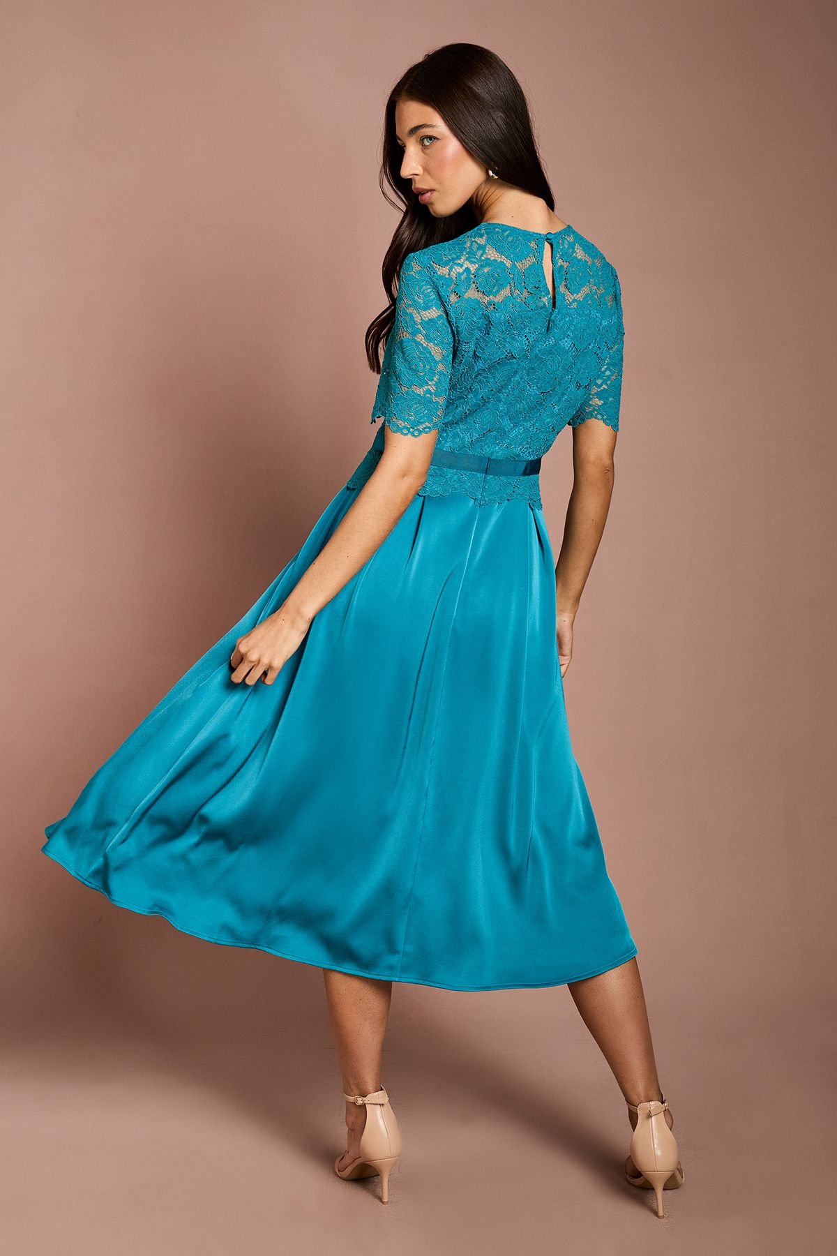 Coast Coast Women's Lace & Crepe Full Skirted Midi Dress in Teal - 3