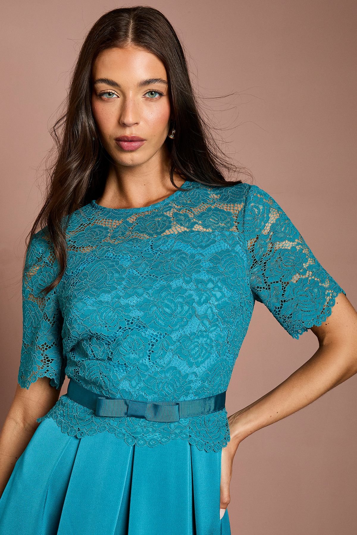 Coast Coast Women's Lace & Crepe Full Skirted Midi Dress in Teal - 4