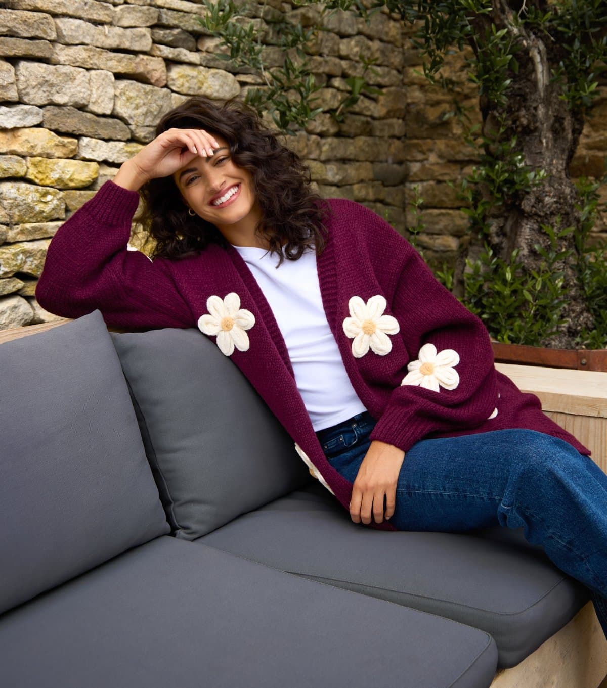 Blue Vanilla Women's Burgundy Daisy Embroidered Cardigan Blue Vanilla New Look