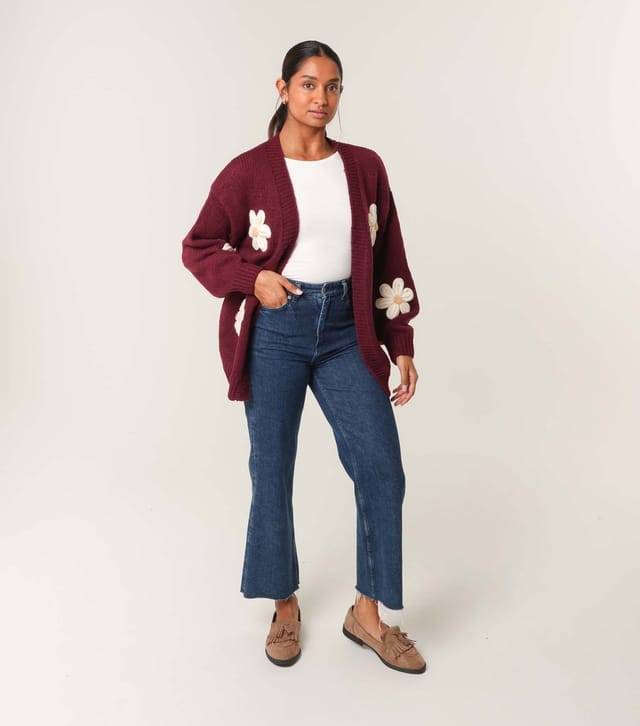 Blue Vanilla Women's Burgundy Daisy Embroidered Cardigan Blue Vanilla New Look - 2