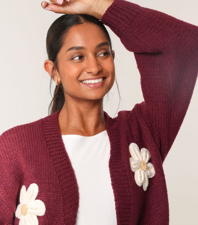 Blue Vanilla Women's Burgundy Daisy Embroidered Cardigan Blue Vanilla New Look - 3