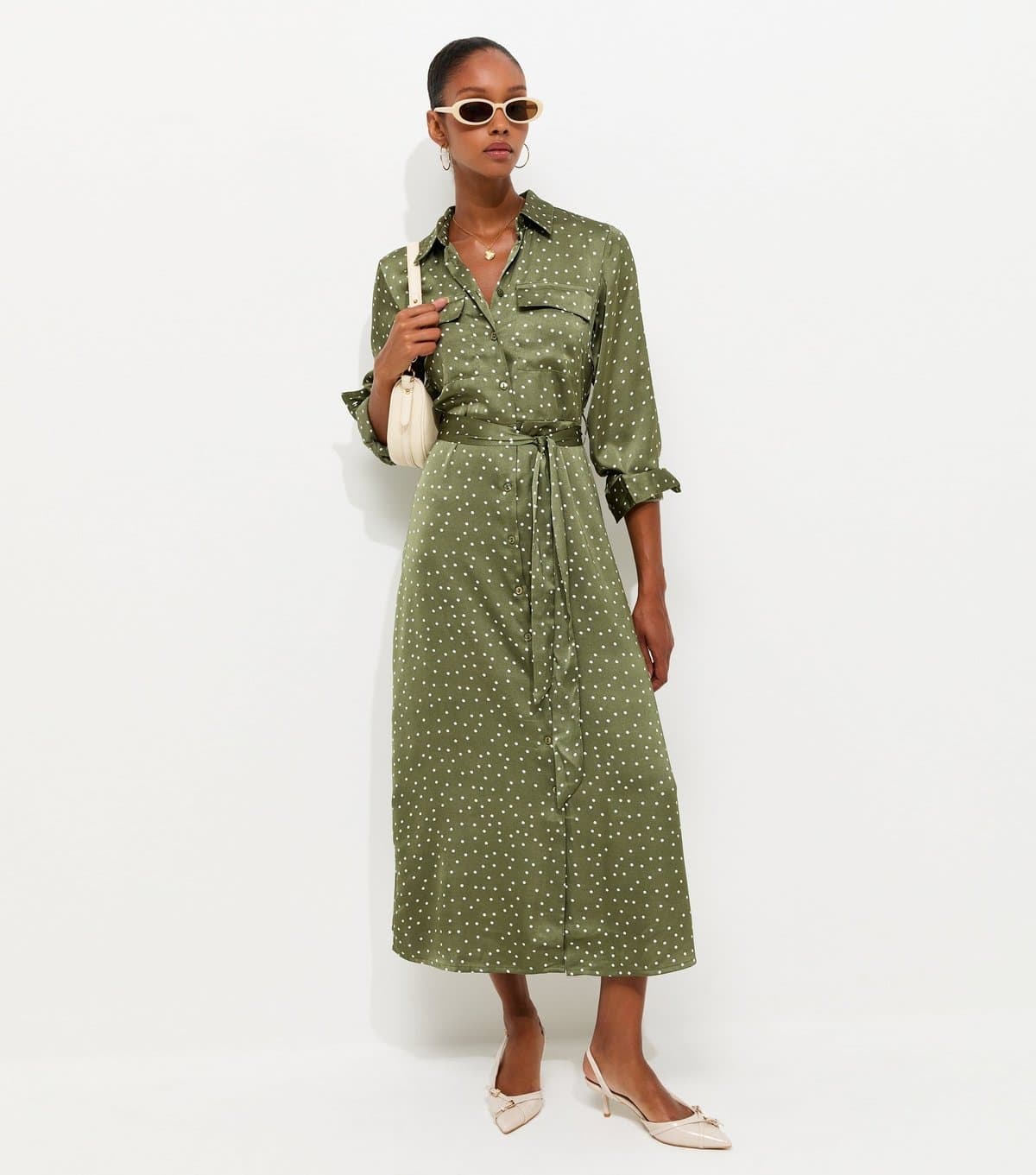 New Look Women's Green Satin Polka Dot Midi Shirt Dress New Look