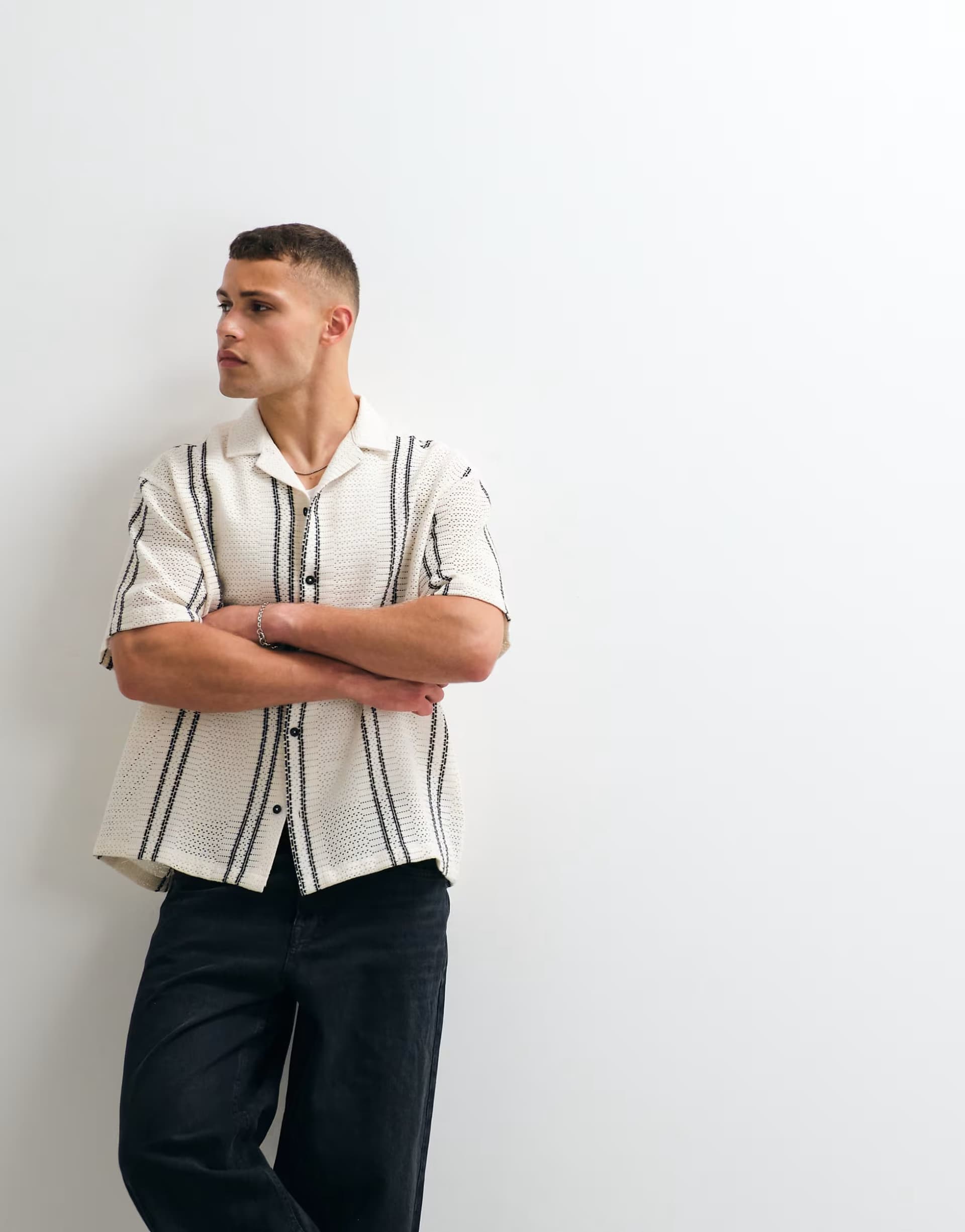 ASOS ASOS DESIGN oversized revere crochet stripe shirt in cream