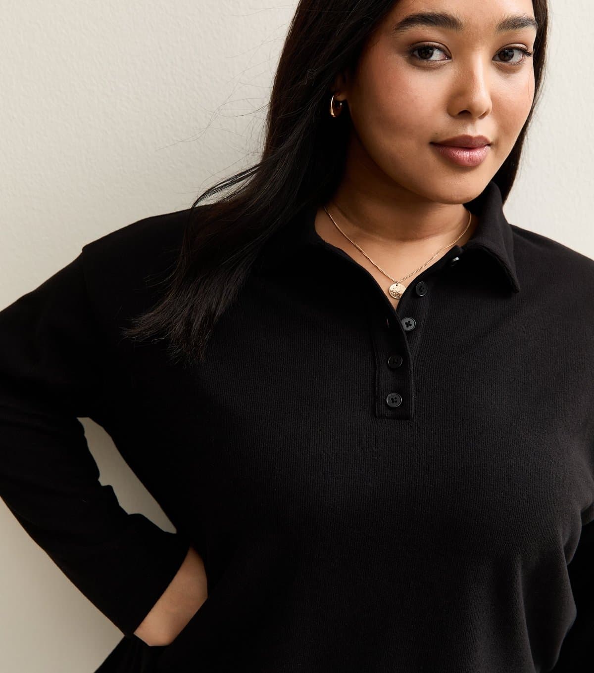 New Look Women's Plus Size Black Ribbed Long Sleeve Polo Top Curves New Look