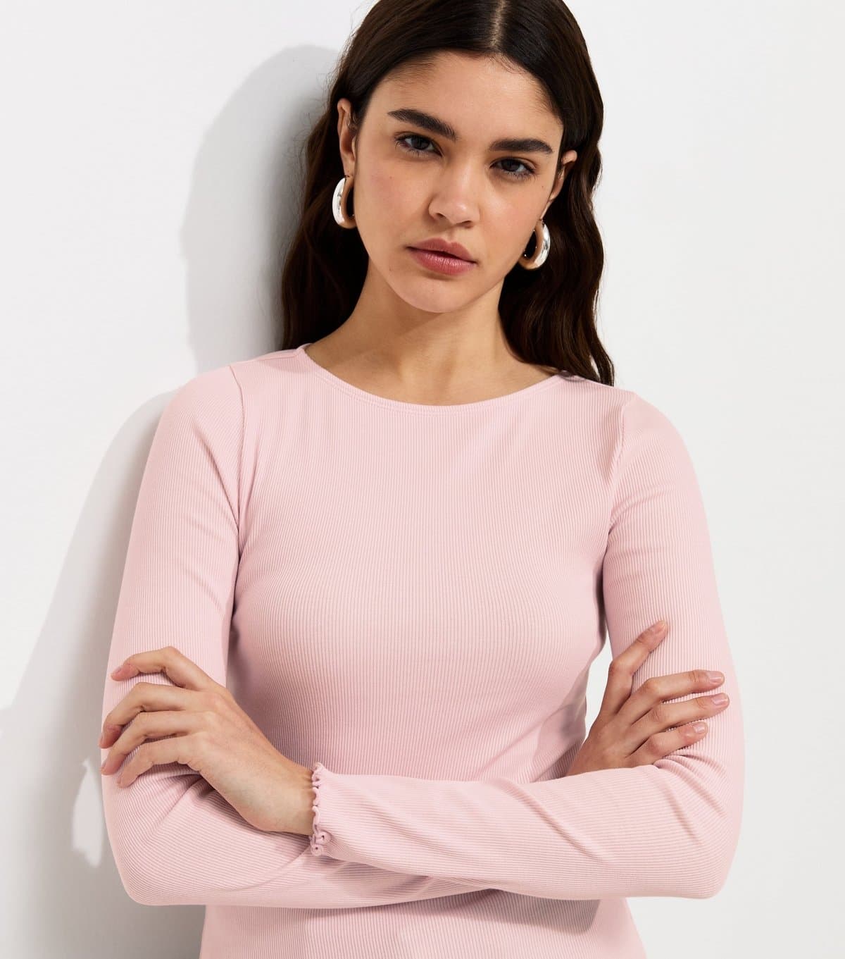 New Look Women's Light Pink Cotton Rich Babylock Slash Neck Long Sleeve Top New Look