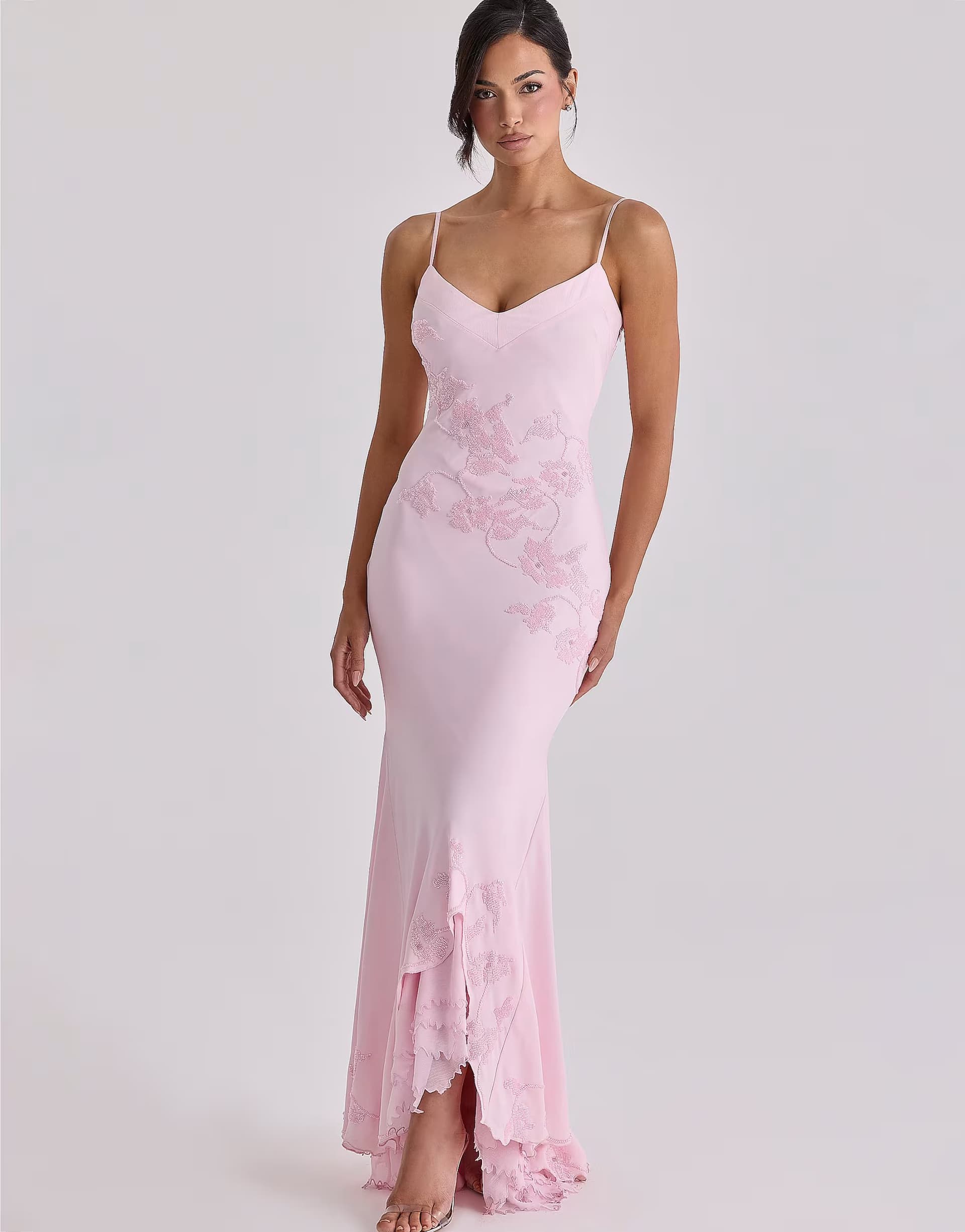 ASOS House of CB Anastelle pink hand beaded embellished satin maxi dress in pink