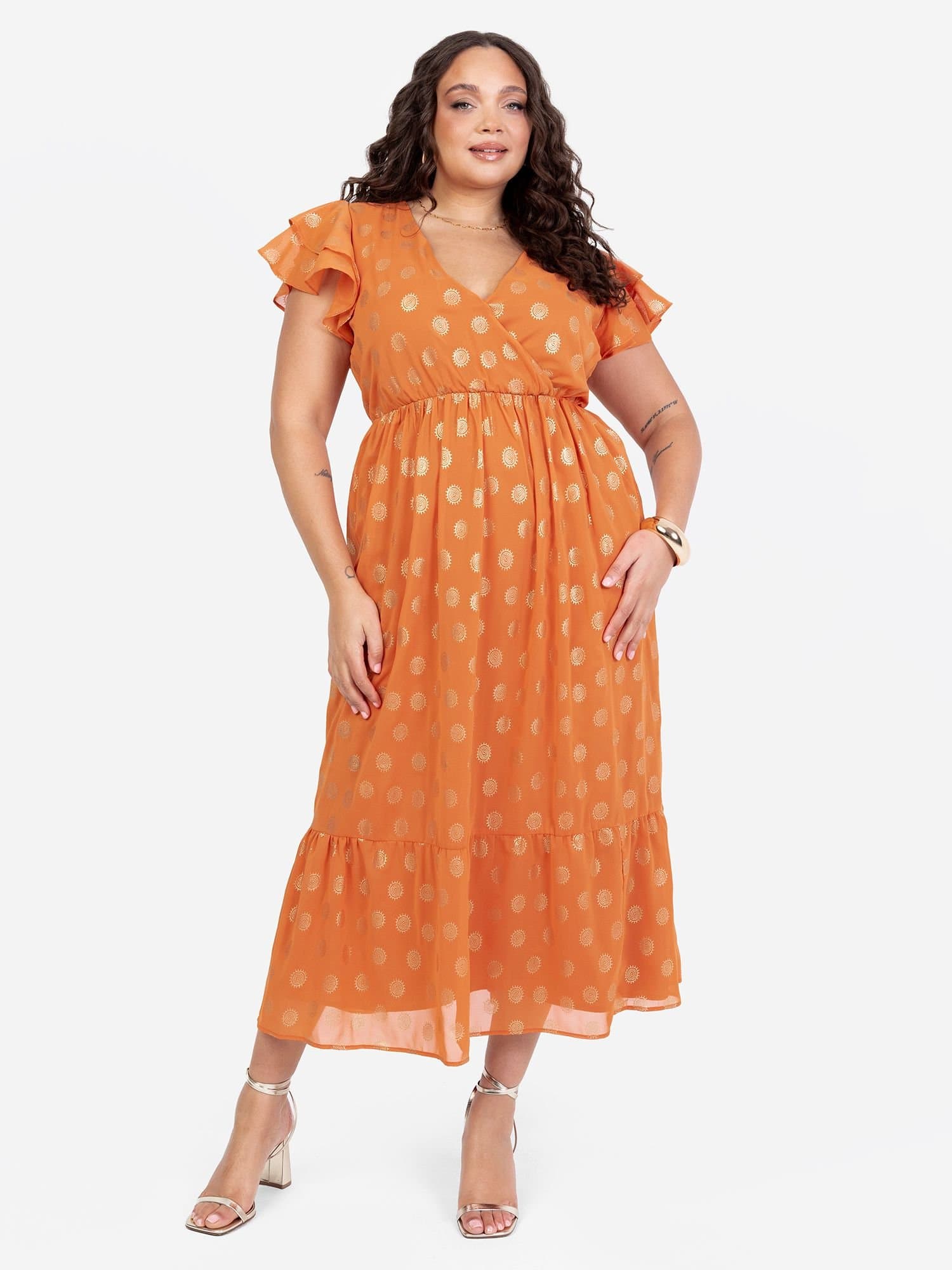 Lovedrobe Lovedrobe Women's V Neck & Flutter Sleeve Metallic Midi Dress in Orange