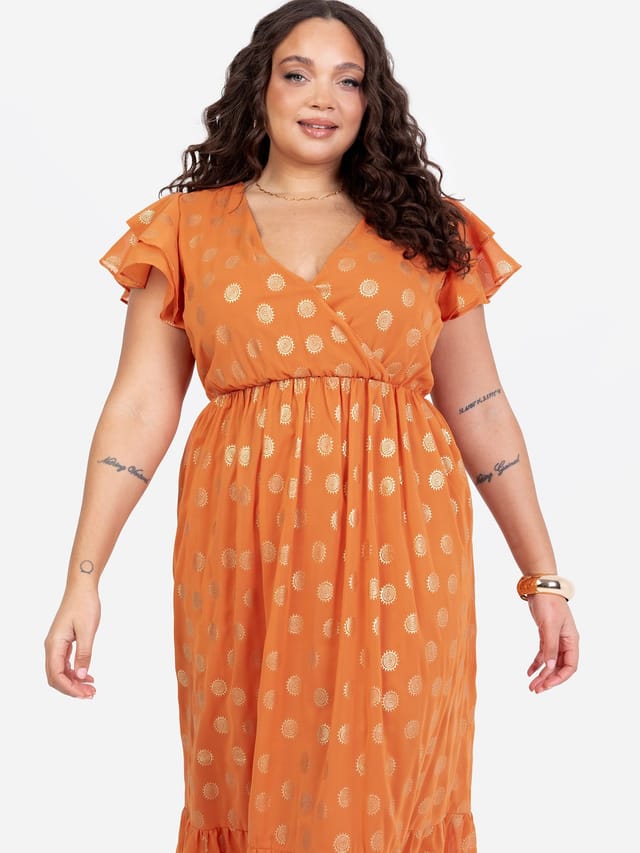 Lovedrobe Lovedrobe Women's V Neck & Flutter Sleeve Metallic Midi Dress in Orange - 2