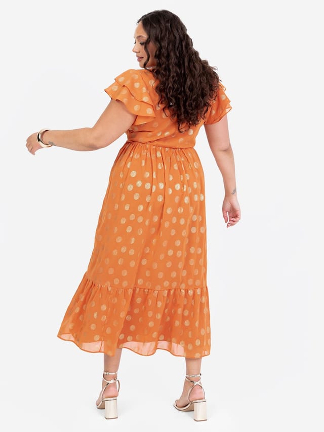 Lovedrobe Lovedrobe Women's V Neck & Flutter Sleeve Metallic Midi Dress in Orange - 3