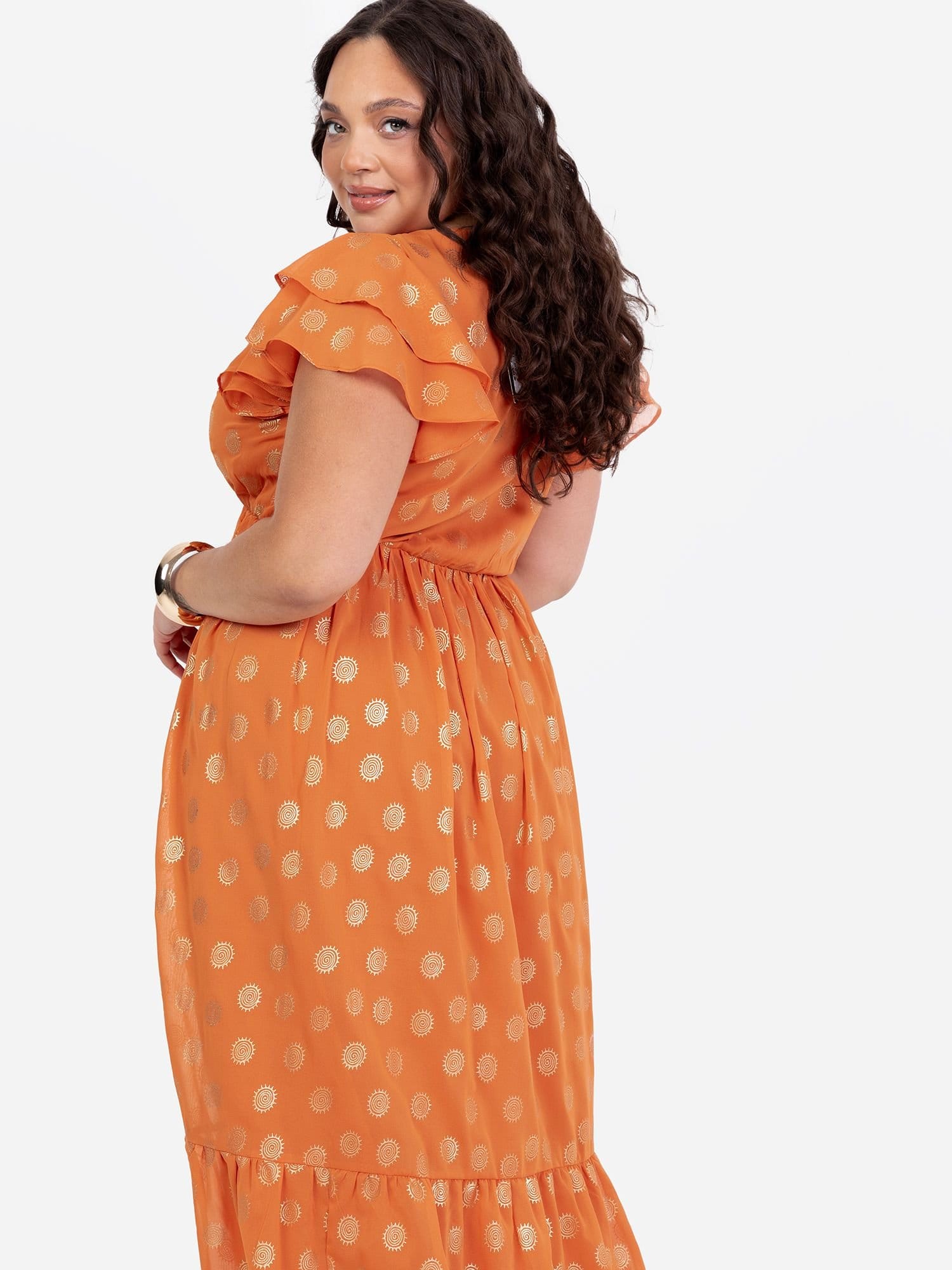Lovedrobe Lovedrobe Women's V Neck & Flutter Sleeve Metallic Midi Dress in Orange - 4