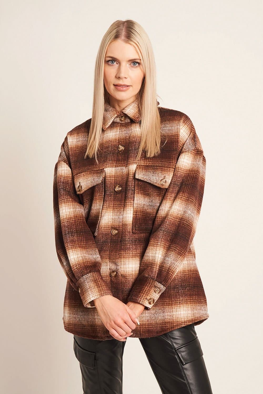 Native Youth Native Youth Women's Check Oversized Button Jacket in Brown