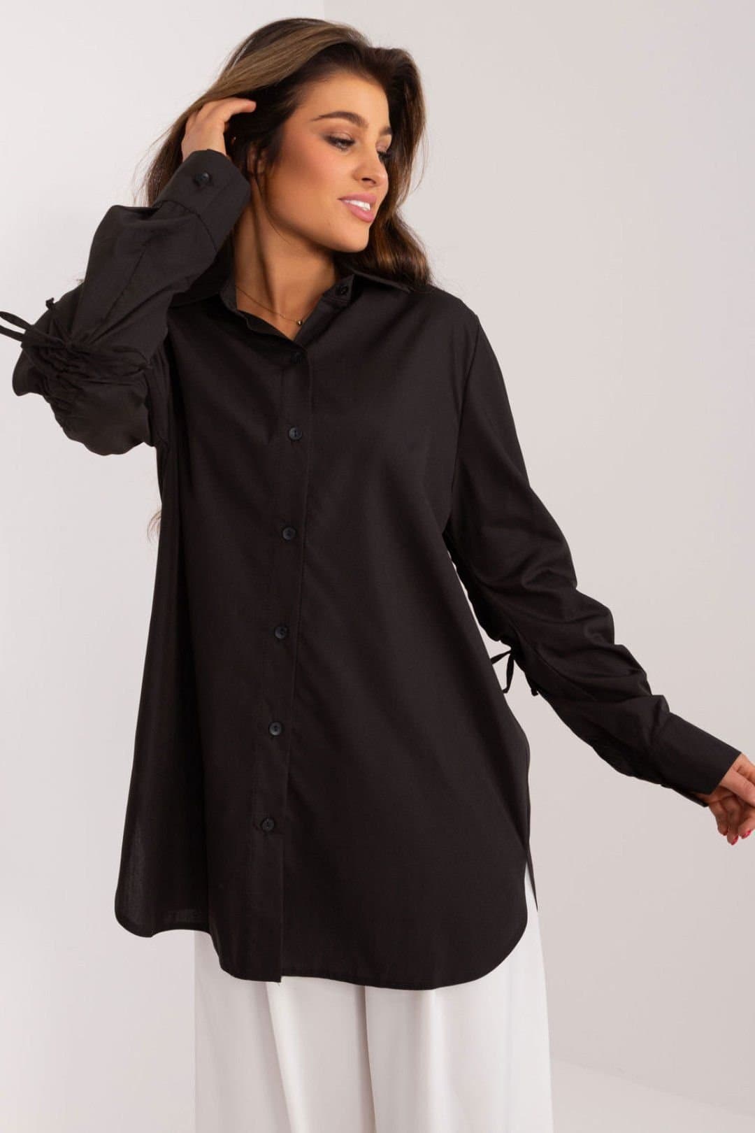 Love Lace Love Lace Women's Long Sleeve Cotton Casual Shirt with Ribbing in Black