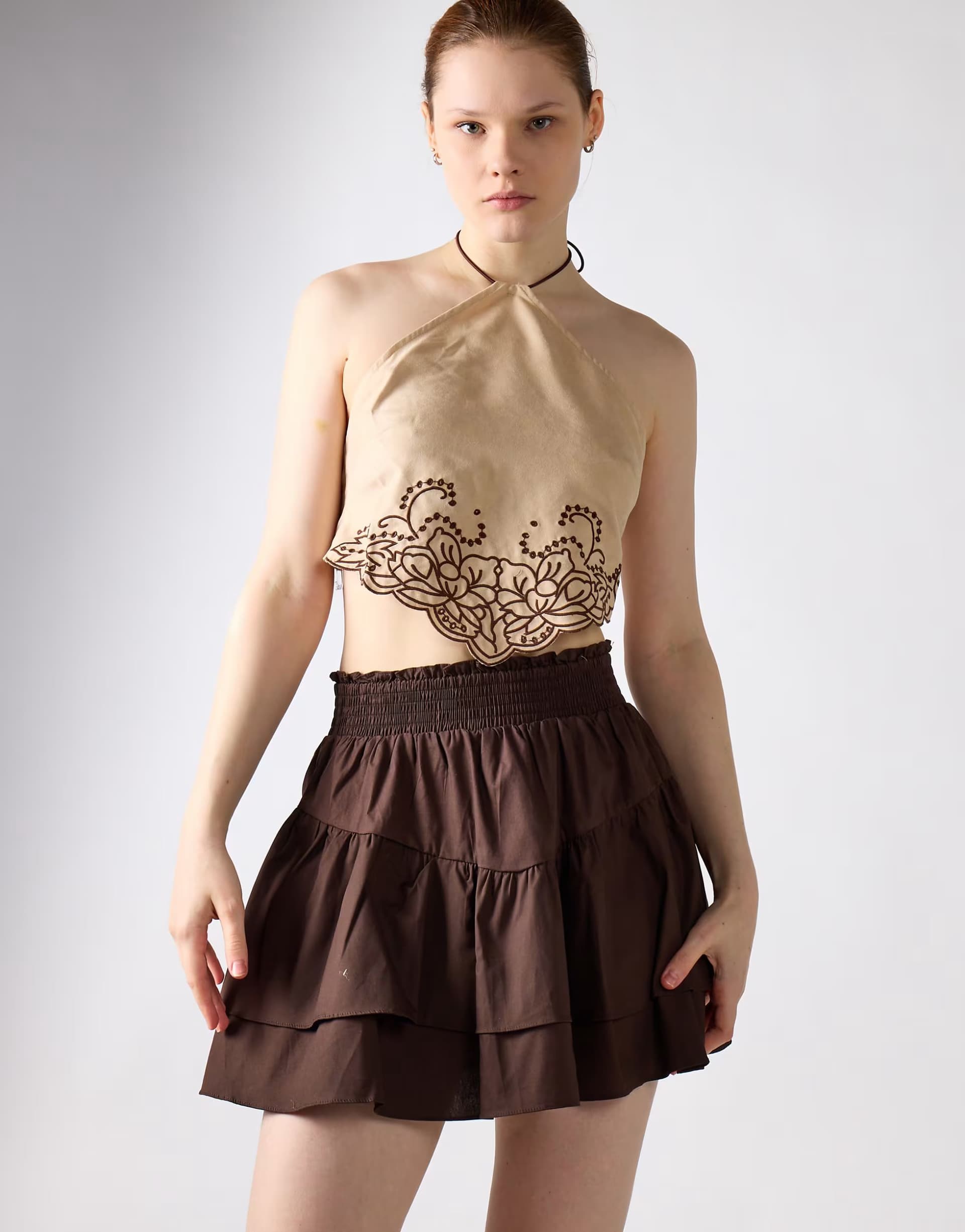 ASOS Glamorous Smocked ruffle mini skirt in brown