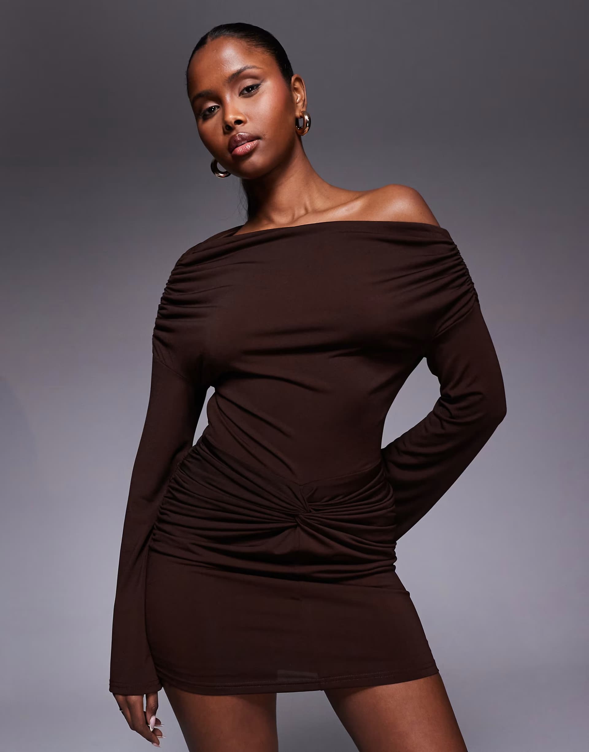 ASOS Ruched & Ready sculpting asymmetric shoulder flare sleeve twist front detail mini dress in chocolate