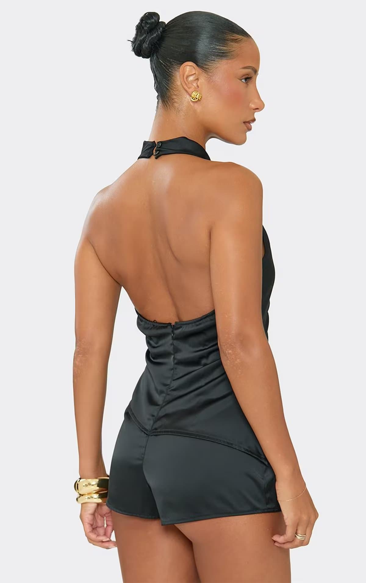 EGO Sleeveless Cowl Neck Asymmetric Playsuit In Black Satin, Women's Size UK 6