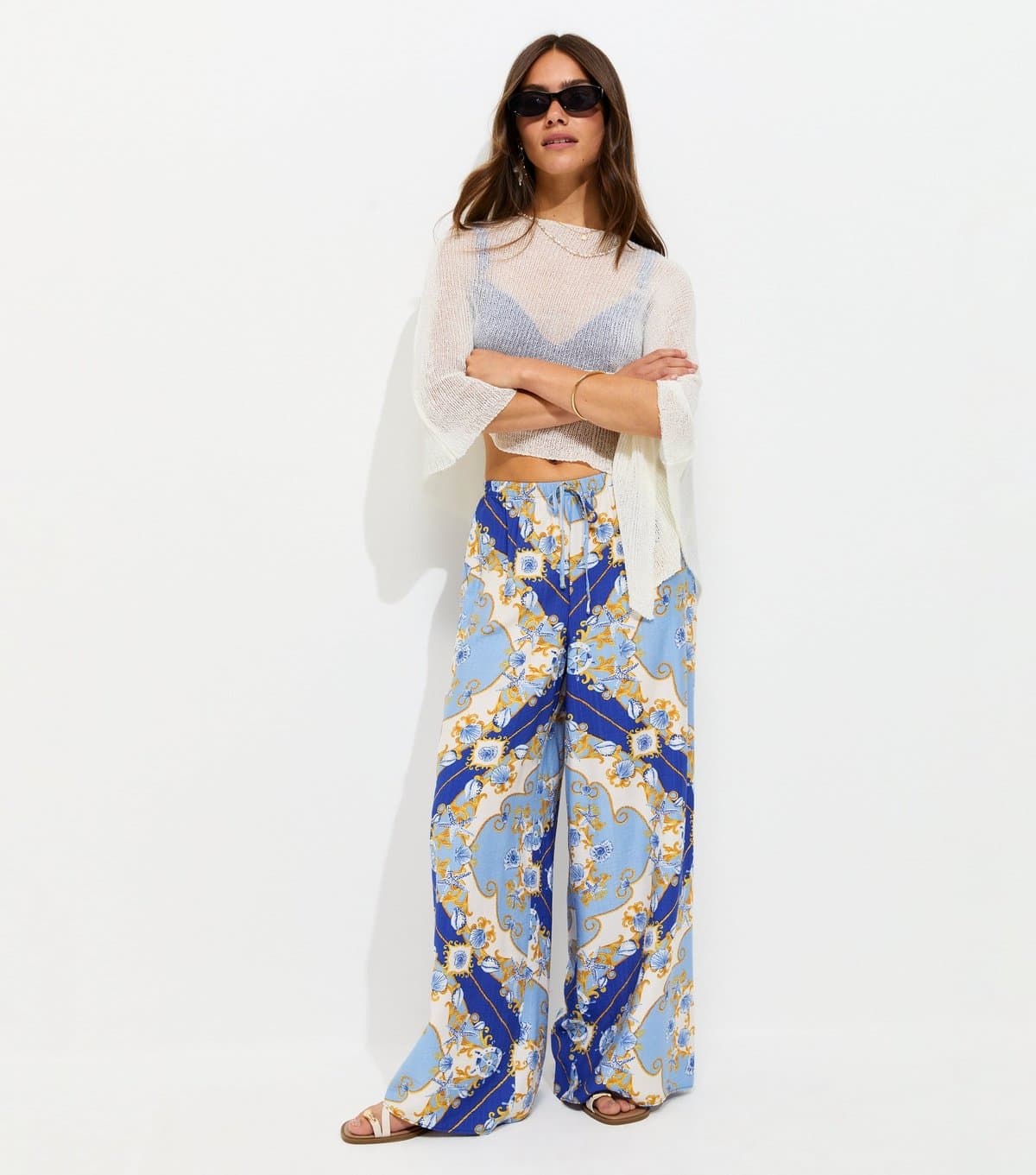 New Look Women's Petite Blue Shell Print Wide Leg Beach Trousers New Look
