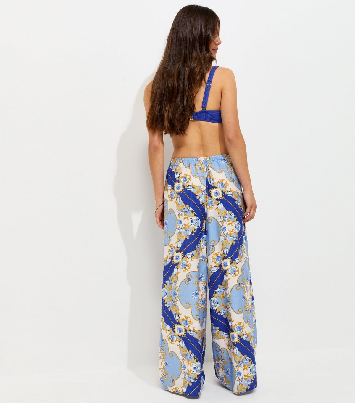 New Look Women's Petite Blue Shell Print Wide Leg Beach Trousers New Look - 4