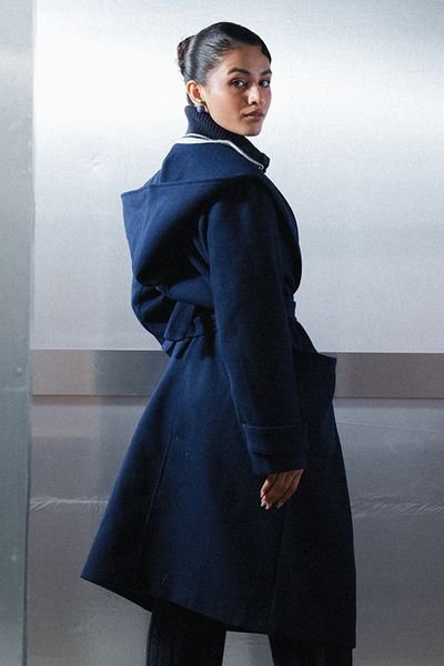 Urban Studio Urban Studio Women's Hooded Wool Blend Relaxed Fit Belted Over coat in Navy - 3