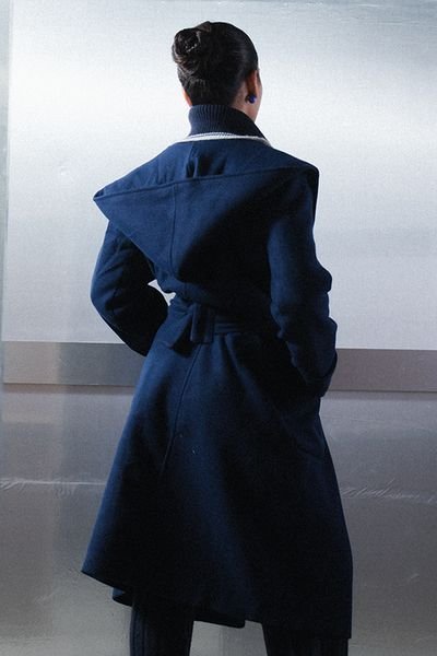 Urban Studio Urban Studio Women's Hooded Wool Blend Relaxed Fit Belted Over coat in Navy - 4