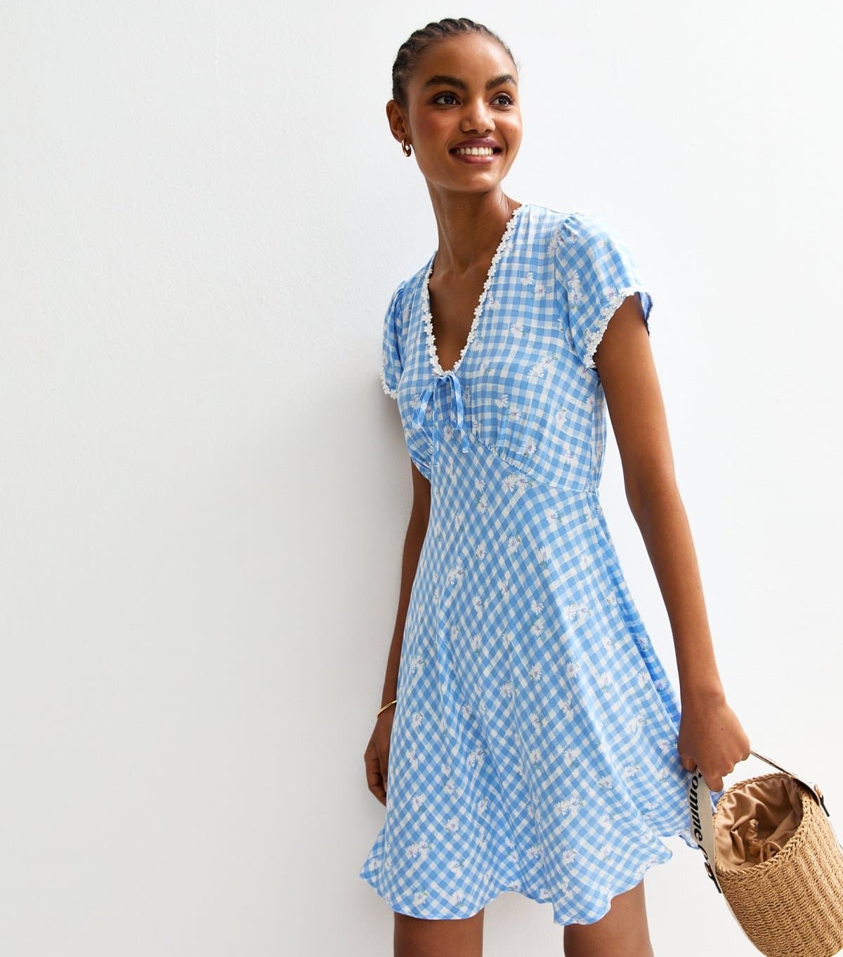 New Look Women's Tall Blue Floral Print Gingham Mini Dress New Look