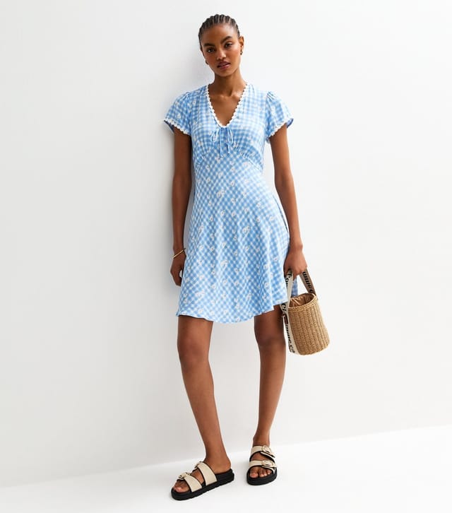 New Look Women's Tall Blue Floral Print Gingham Mini Dress New Look - 3