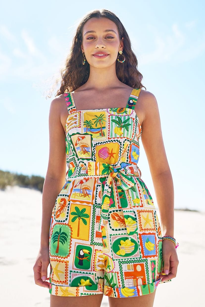 Yumi Yumi Women's Multicolour Cotton Postcard Print Playsuit - 1