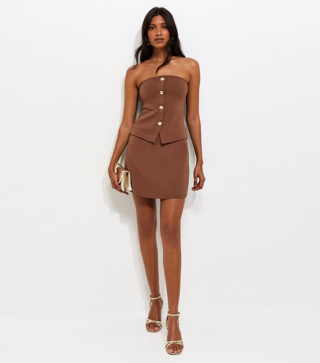 New Look Women's Dark Brown Cotton Rich Button Detail Strapless Bandeau Top New Look - 2