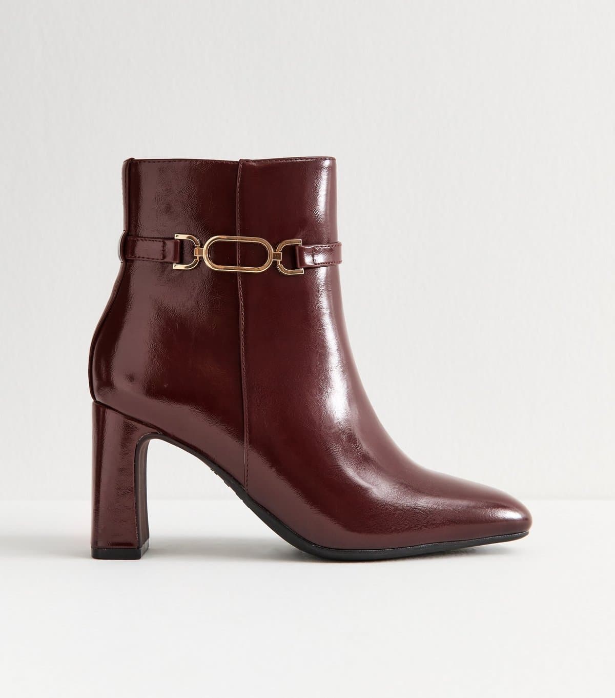 New Look Women's Wide Fit Burgundy Faux Leather Chain Trim Ankle Boots New Look