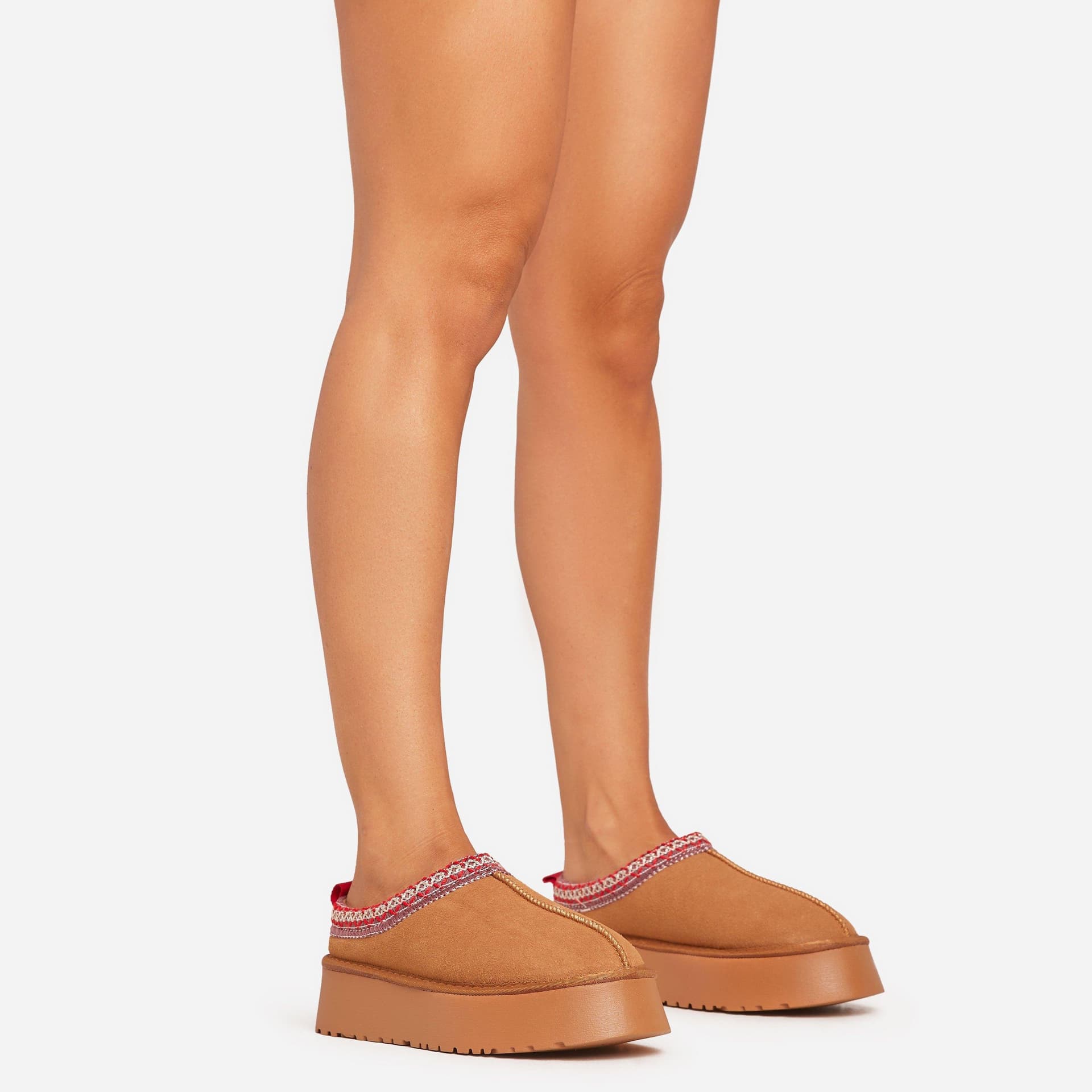 EGO Tazmin Aztec Detail Faux Fur Lining Platform Slipper In Chestnut Faux Suede, Women's Size UK 7