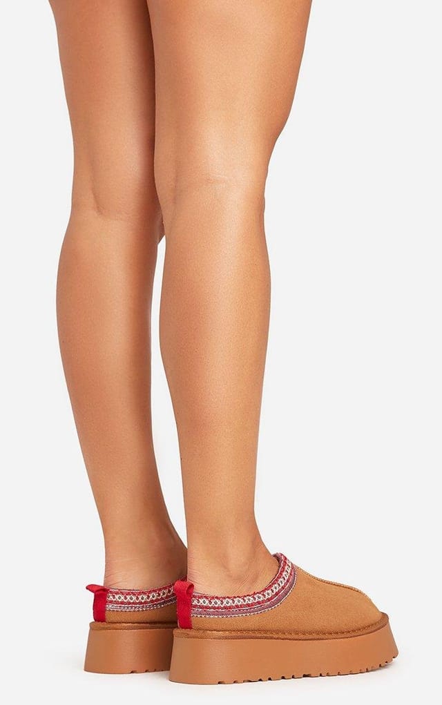 EGO Tazmin Aztec Detail Faux Fur Lining Platform Slipper In Chestnut Faux Suede, Women's Size UK 7 - 2