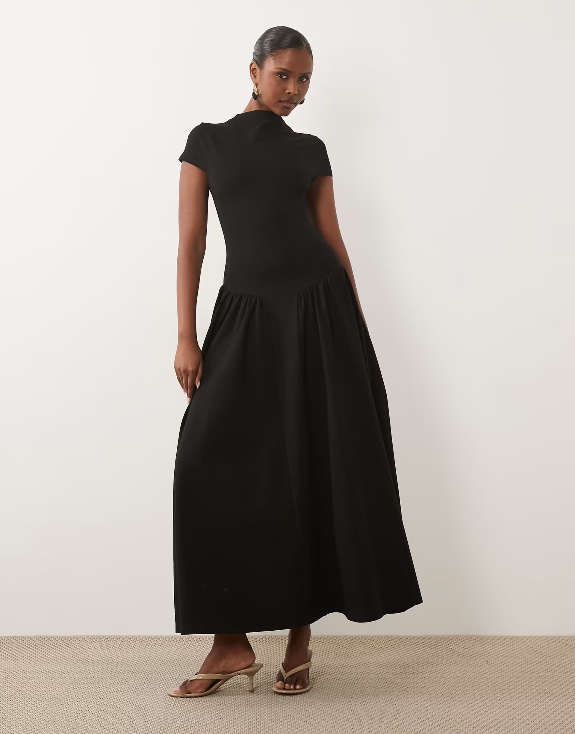 ASOS Kaiia exclusive high neck short sleeve fit and flare basque dropped waist detail maxi dress in black