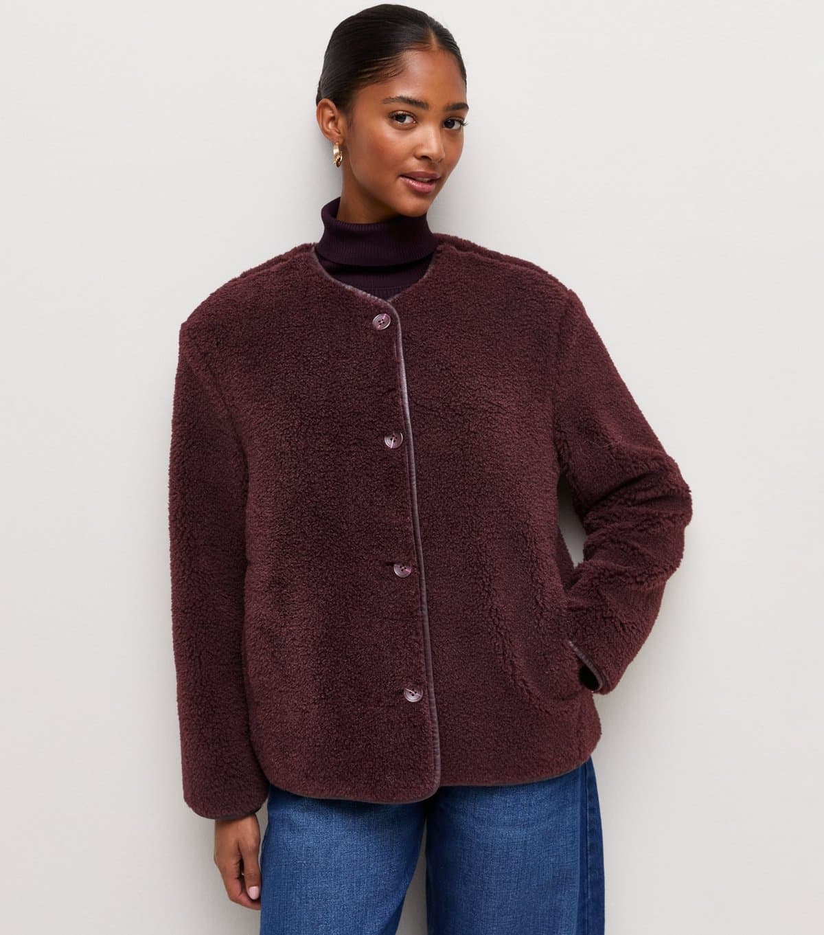 New Look Women's Dark Burgundy Borg Button Through Jacket New Look