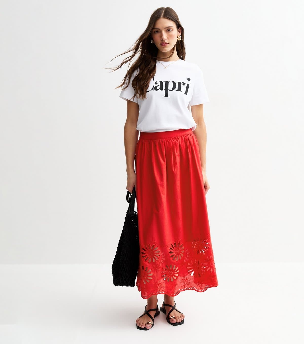 New Look Women's Red Embroidered Cutout Hem Midi Skirt New Look
