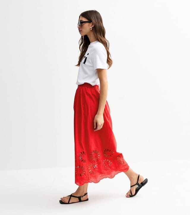 New Look Women's Red Embroidered Cutout Hem Midi Skirt New Look - 3