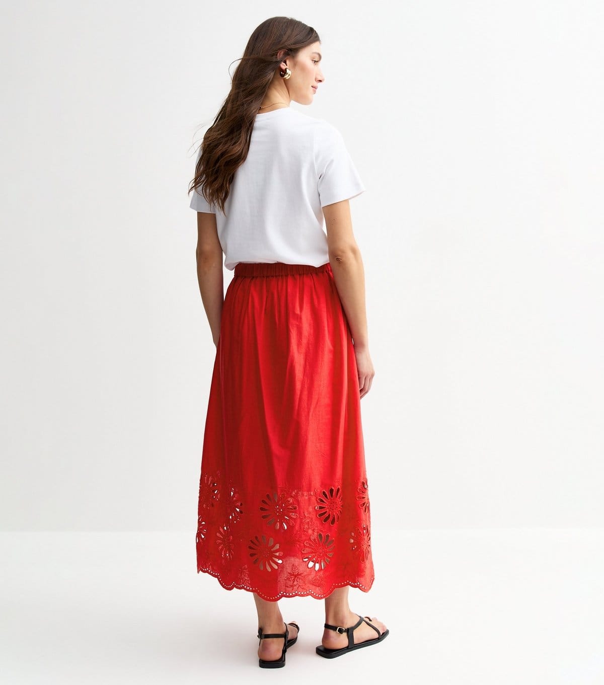 New Look Women's Red Embroidered Cutout Hem Midi Skirt New Look - 4