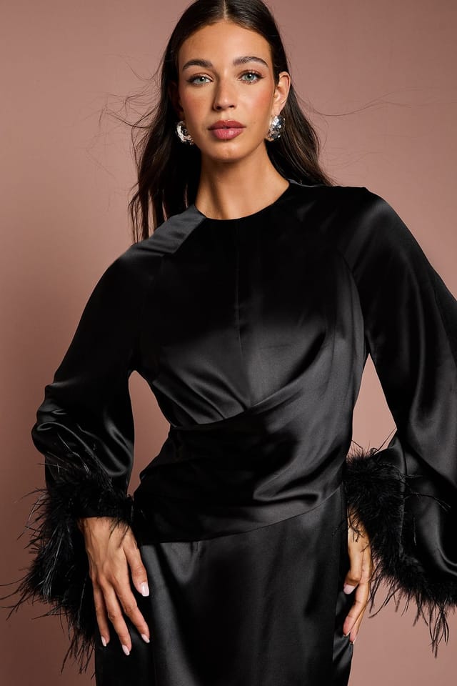 Coast Coast Women's Feather Trim Satin Maxi Dress in Black - 3