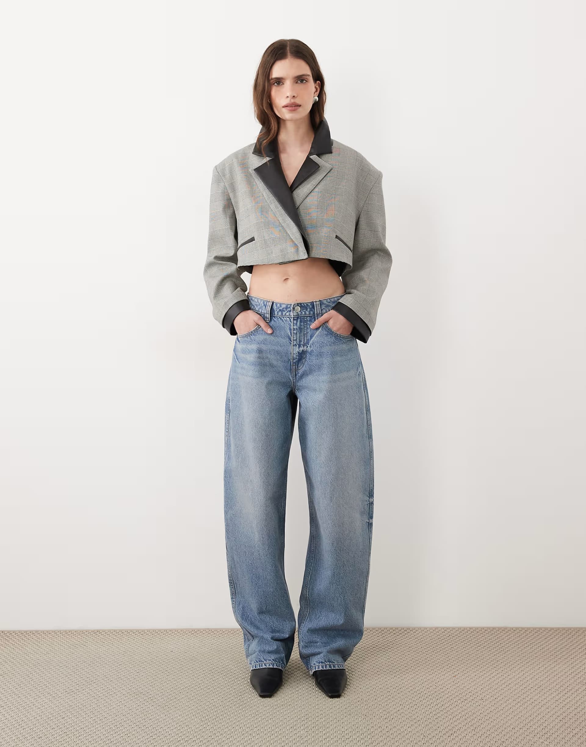 ASOS ASOS DESIGN boxy blazer with faux leather double collar detail in check