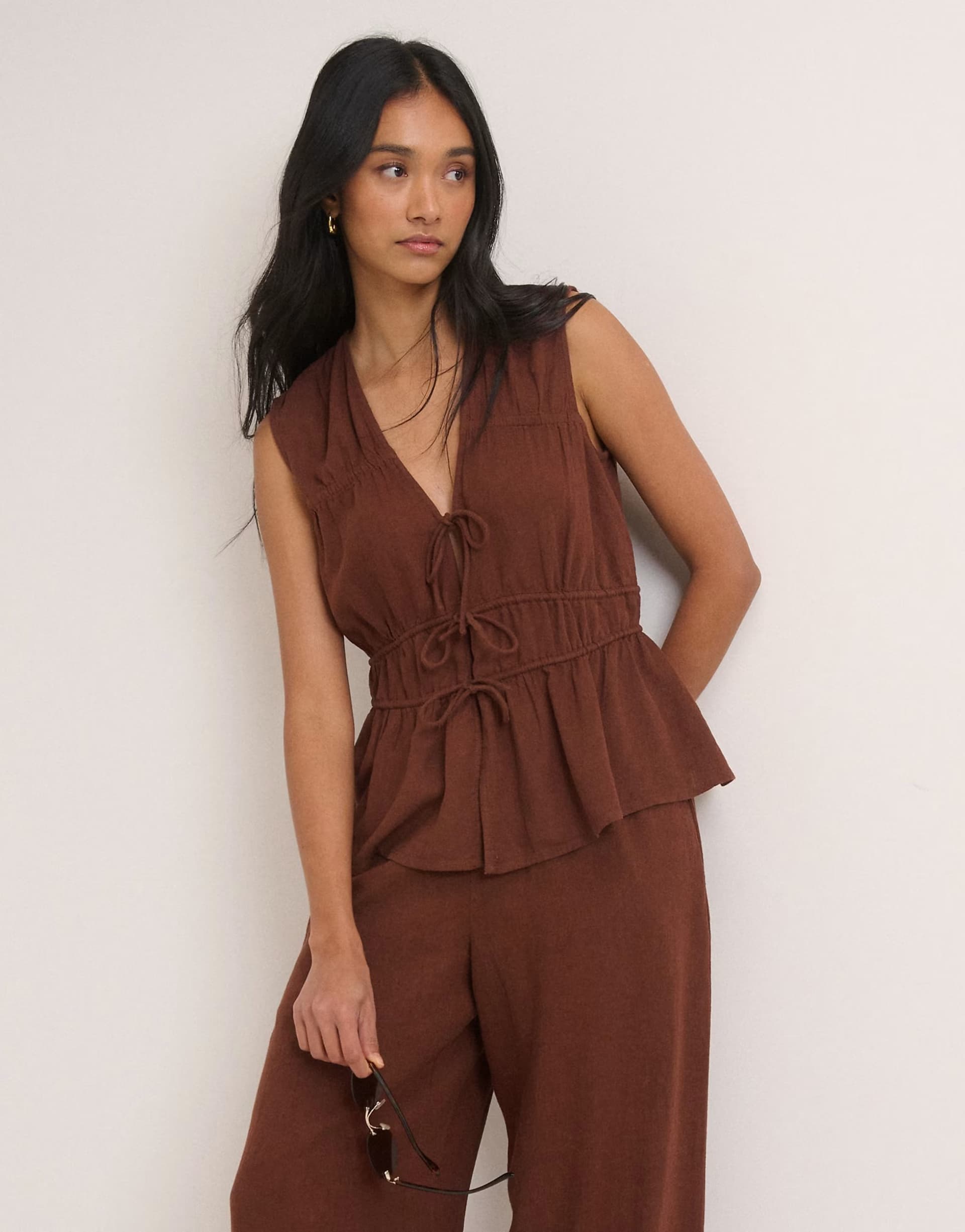 ASOS Nobody's Child linen blend ruched tie front top co-ord in chocolate