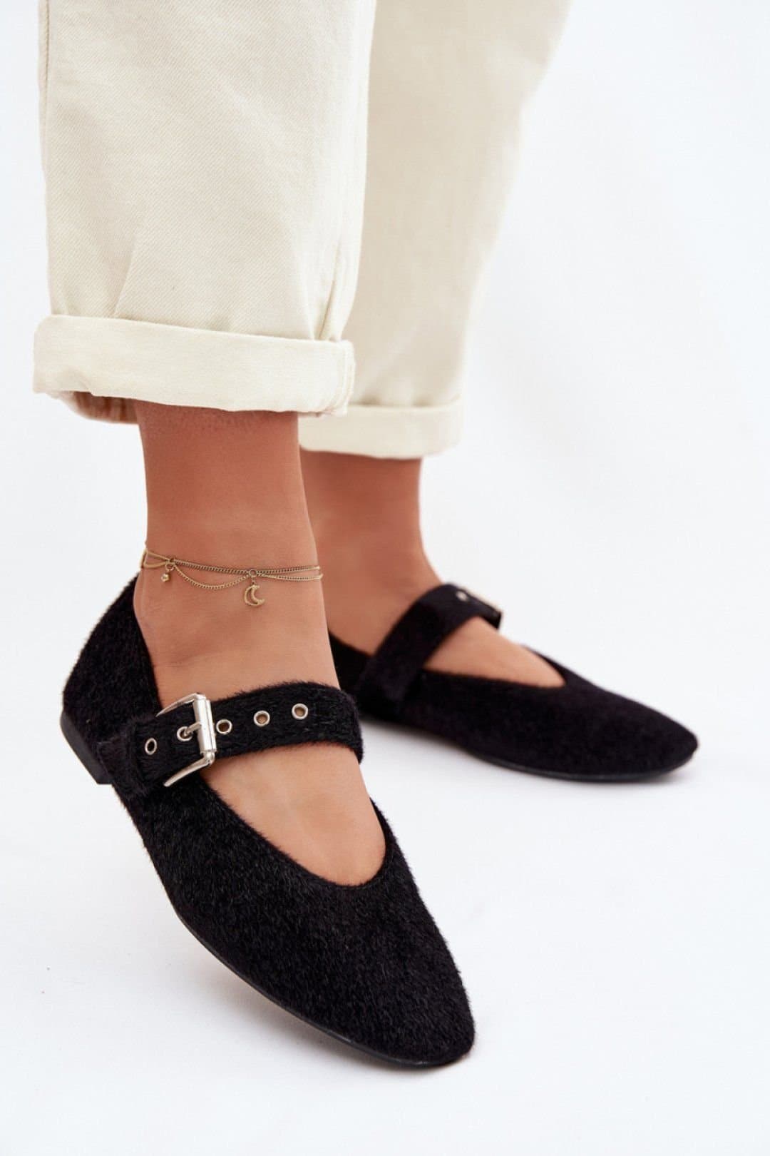 Love Lace Love Lace Women's Ballet Flats with Hairlike Texture & Adjustable Buckle Strap in Black