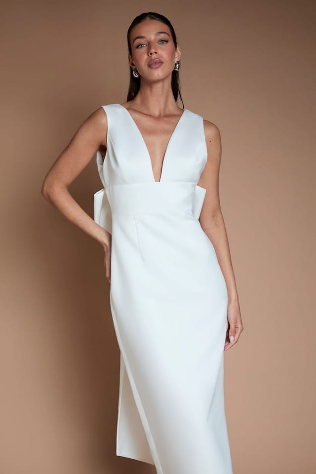 Coast Coast Women's Honoured Petite Plunge Neck Structured Satin Bow Back Wedding Dress in Ivory - 2