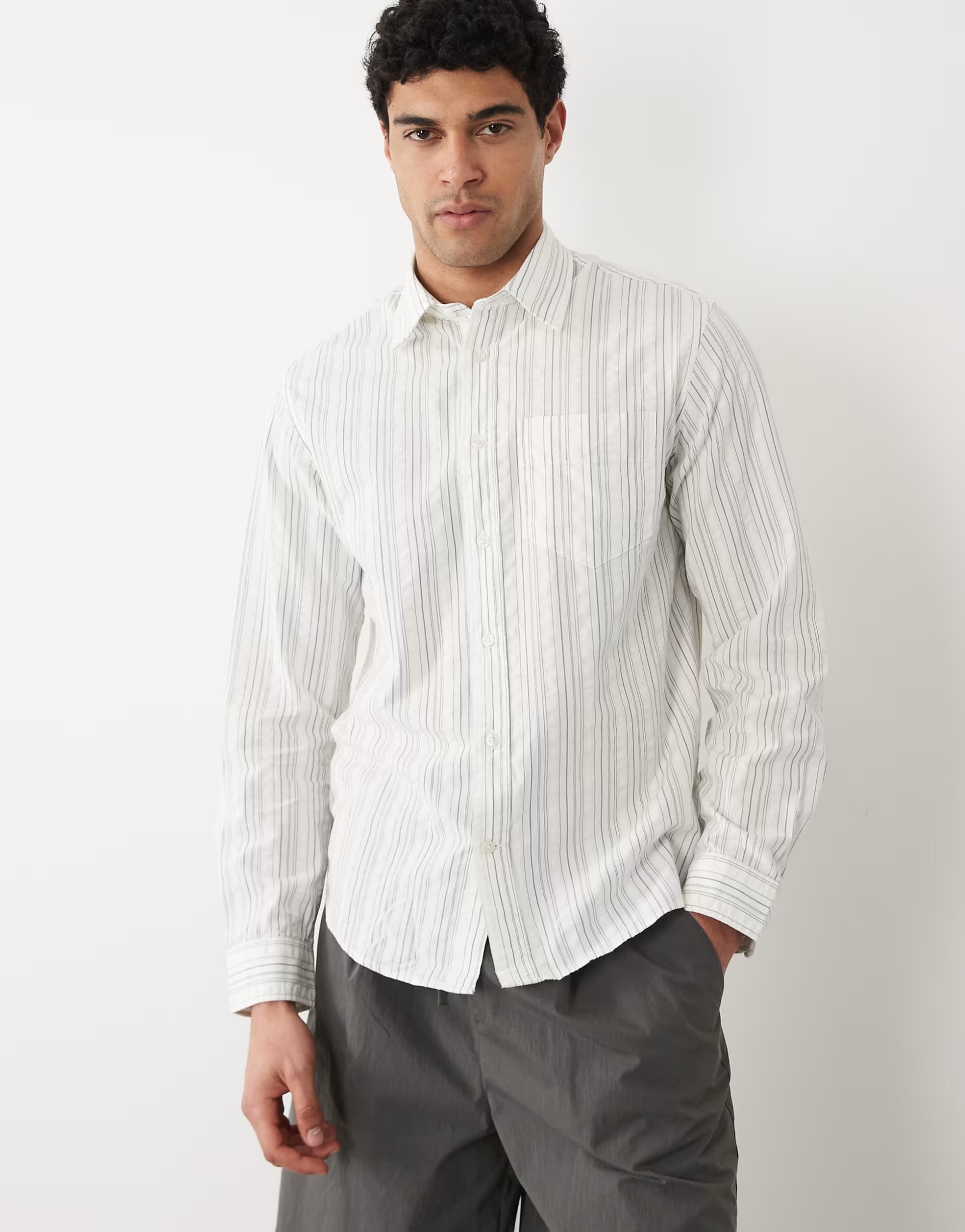ASOS Selected 100% cotton long sleeve seersucker shirt in green stripe