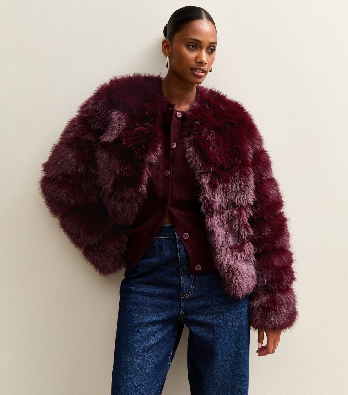 New Look New Look Dark Burgundy Faux Fur Jacket