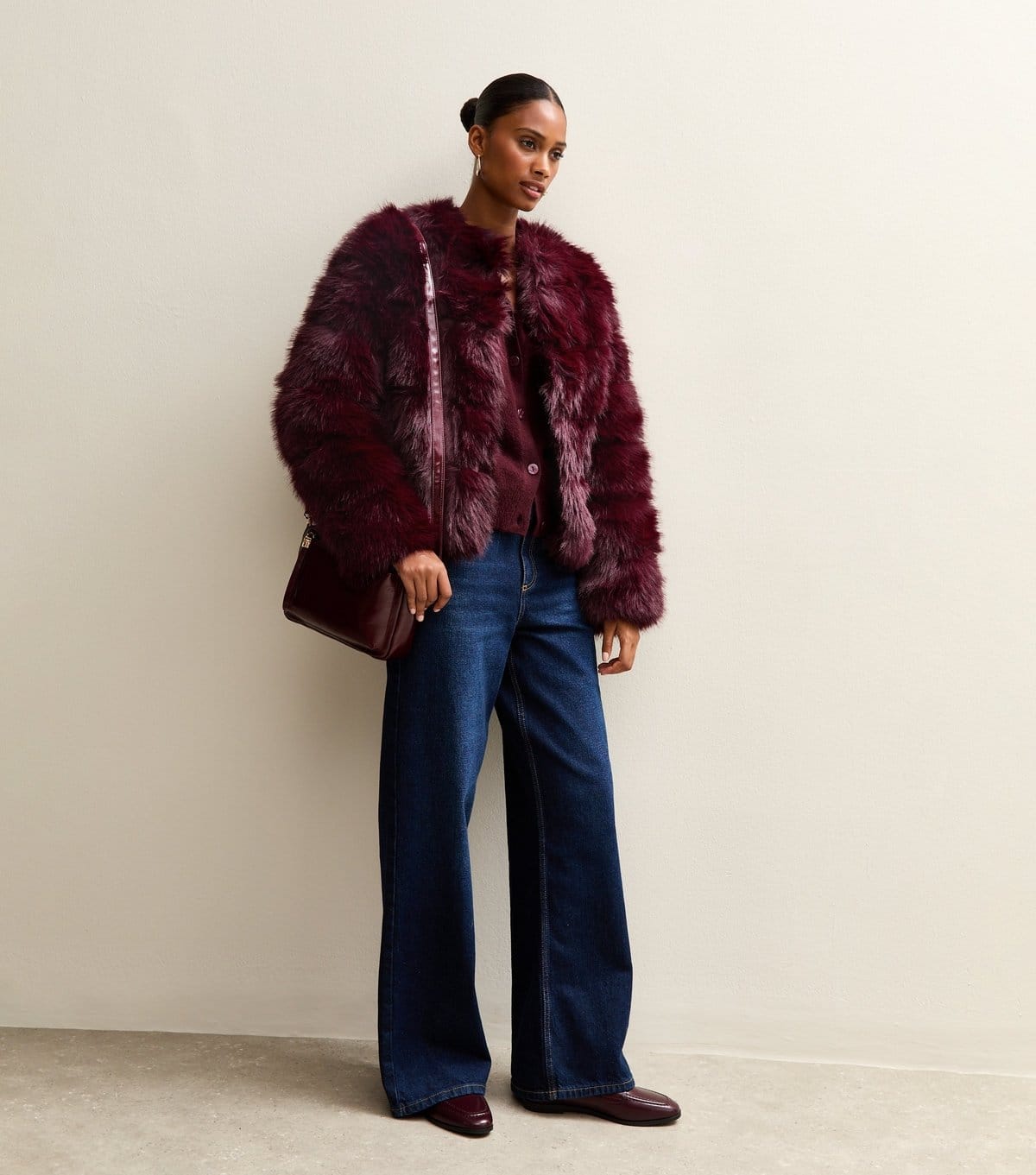 New Look Women's Dark Burgundy Panelled Faux Fur Jacket New Look - 4