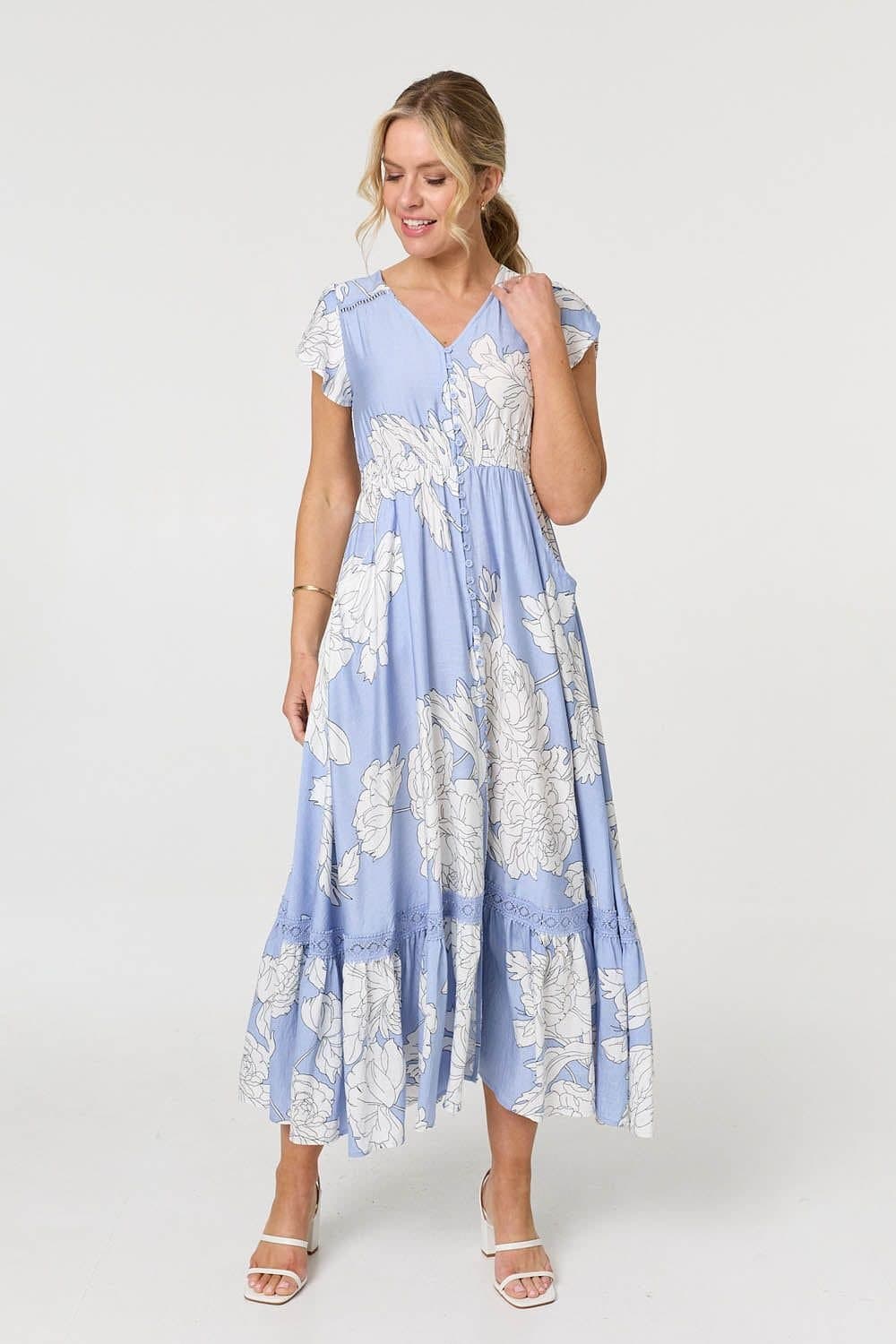Izabel London Izabel London Women's Floral Cap Sleeve Button-Up Maxi Dress in Blue