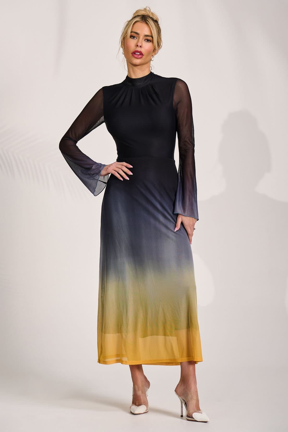 Jolie Moi Jolie Moi Women's Long Sleeve High Neck Mesh Dress in Jet Black