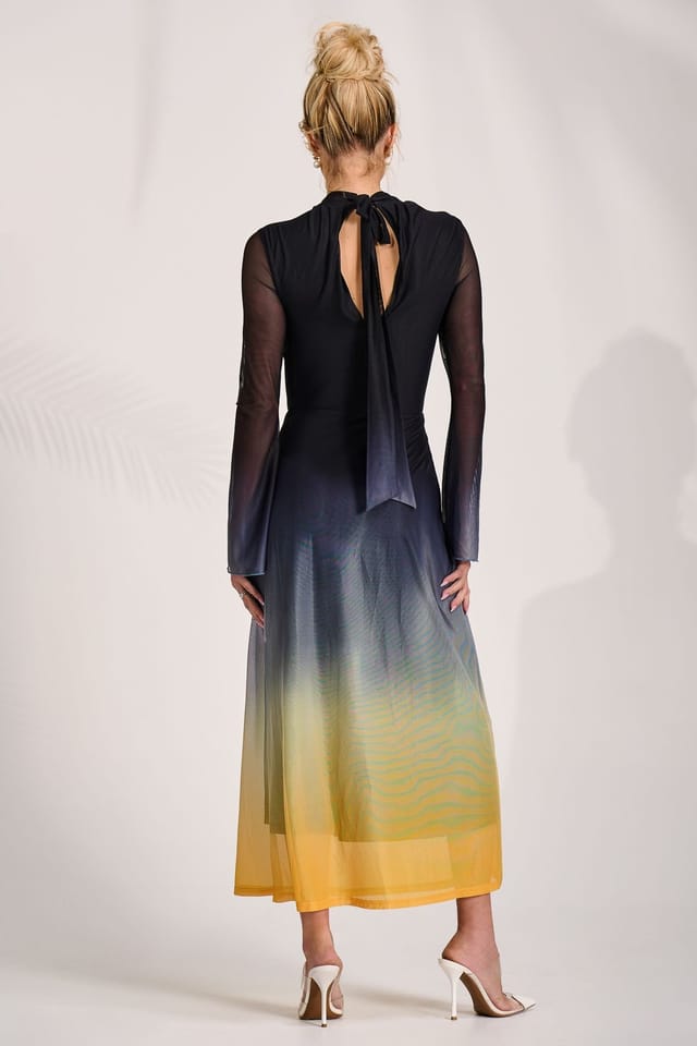 Jolie Moi Jolie Moi Women's Long Sleeve High Neck Mesh Dress in Jet Black - 2